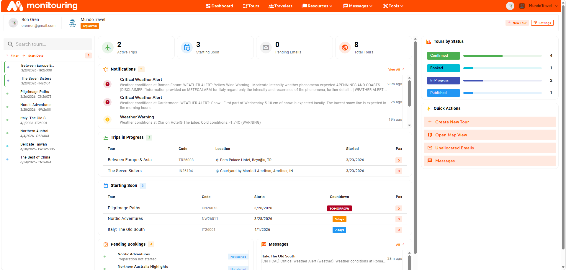 Monitouring control center view with timeline, map, and live tour details