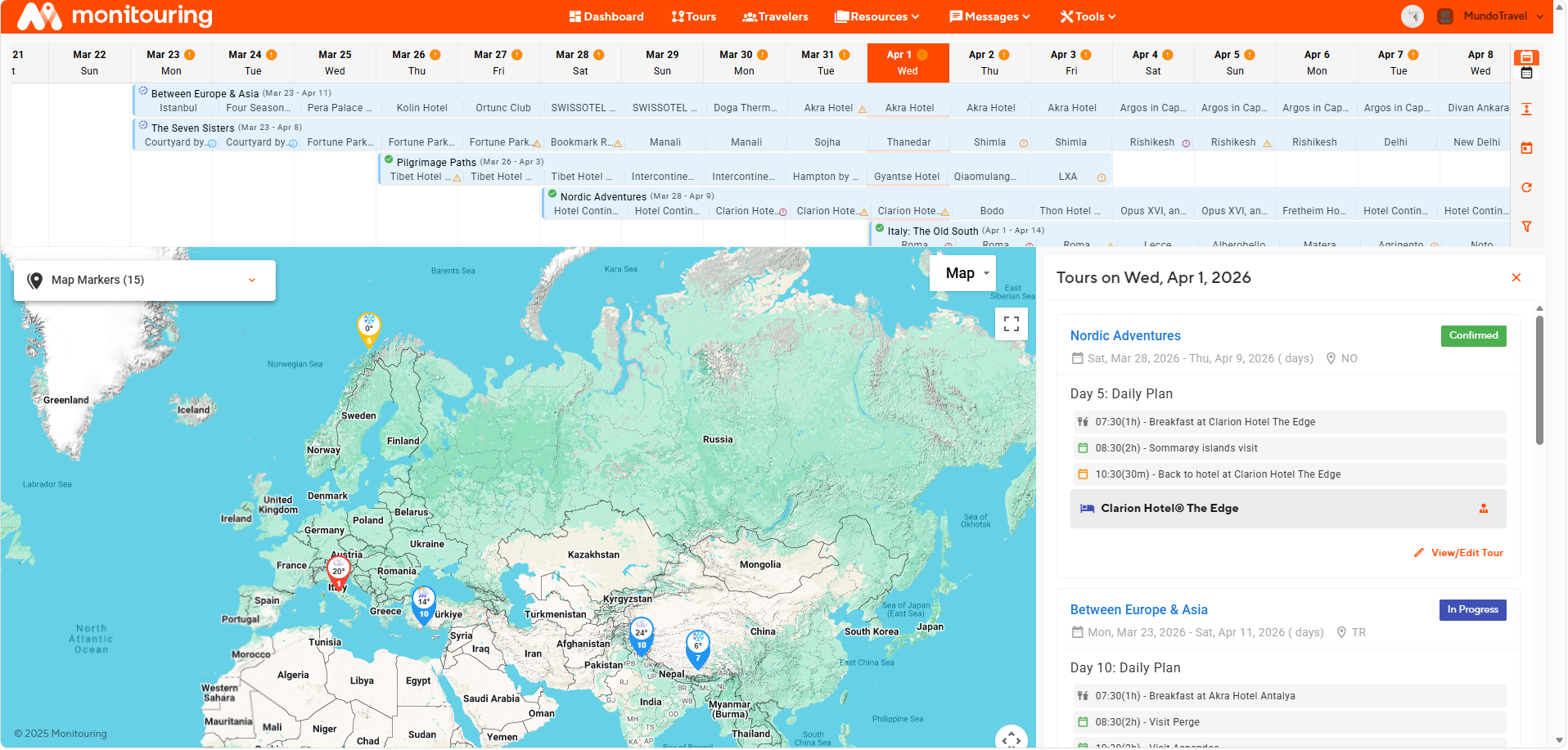 Monitouring dashboard showing active trips, alerts, quick actions, and tours by status