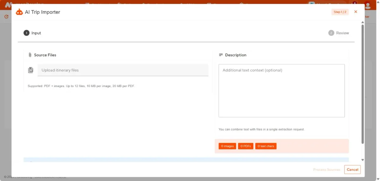 AI importer moving source material through review into a trip draft