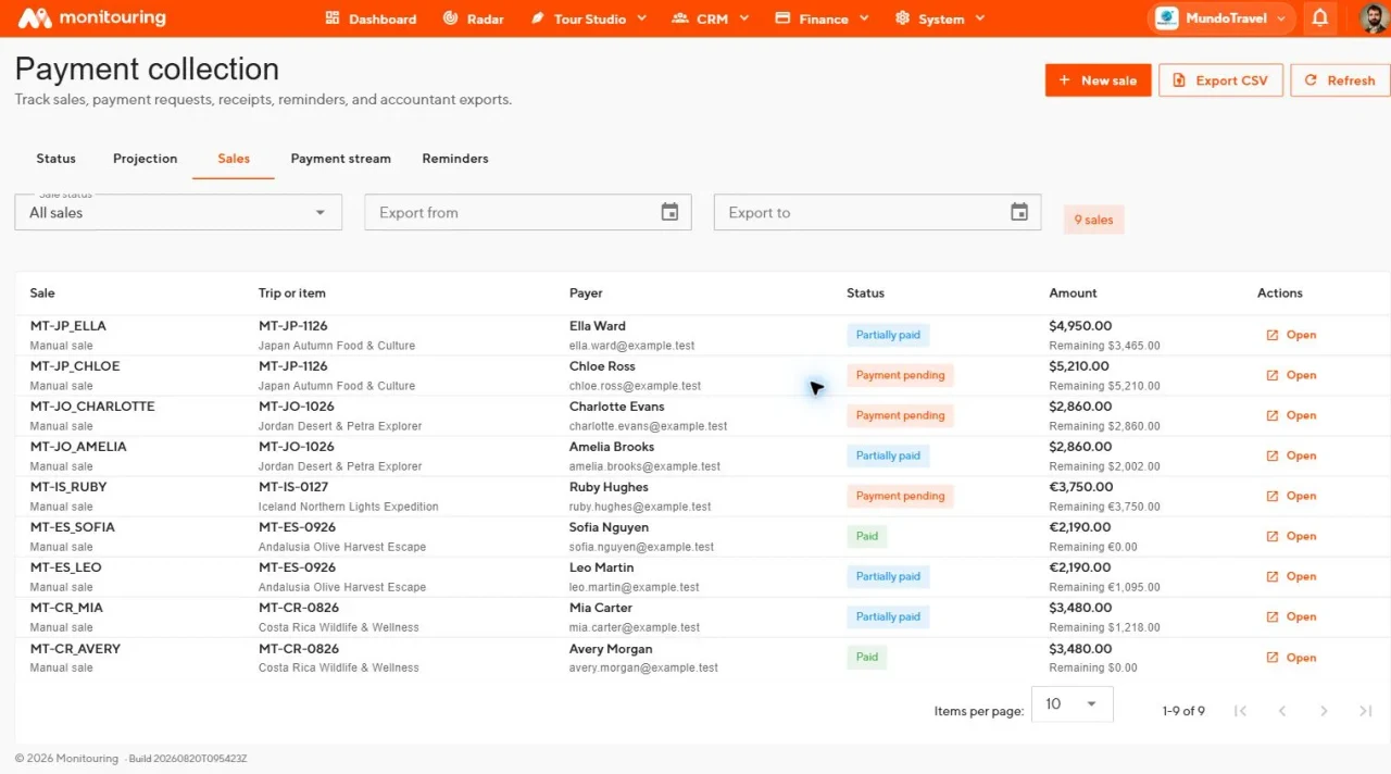 Finance overview listing trip sales, payment status, paid and remaining amounts