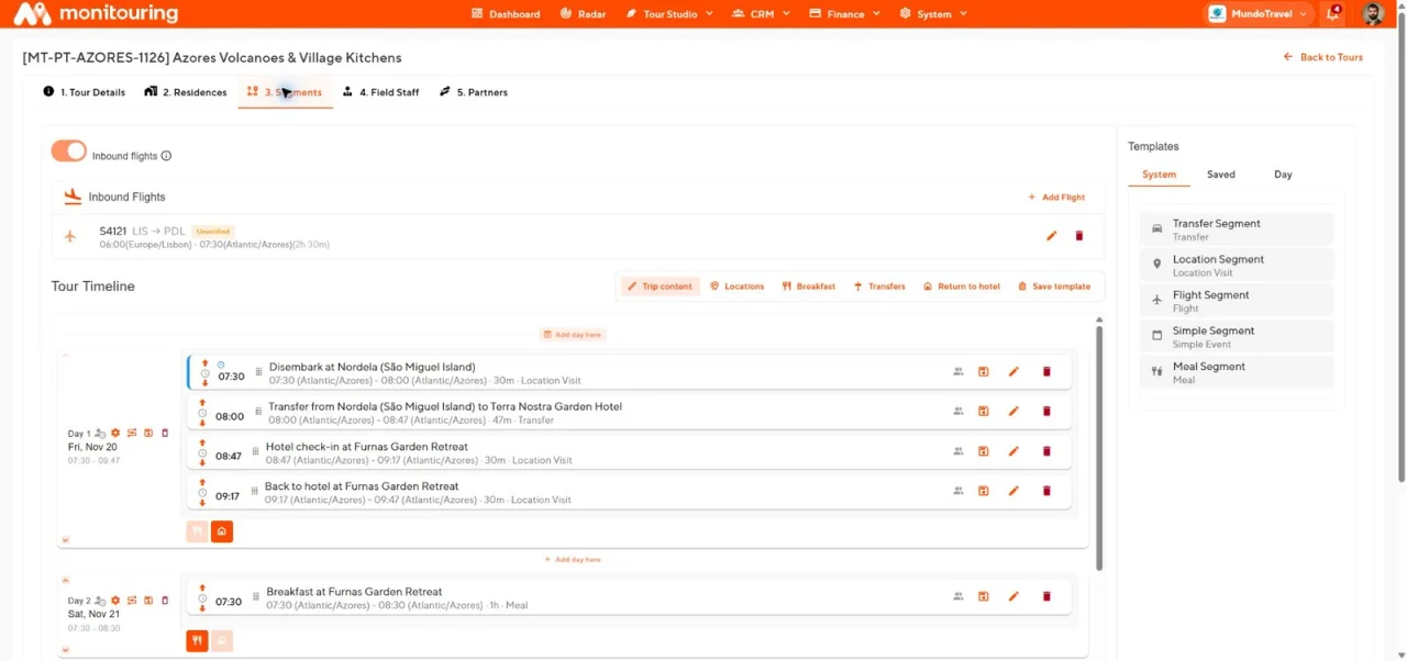 Itinerary workspace with timeline and reusable templates