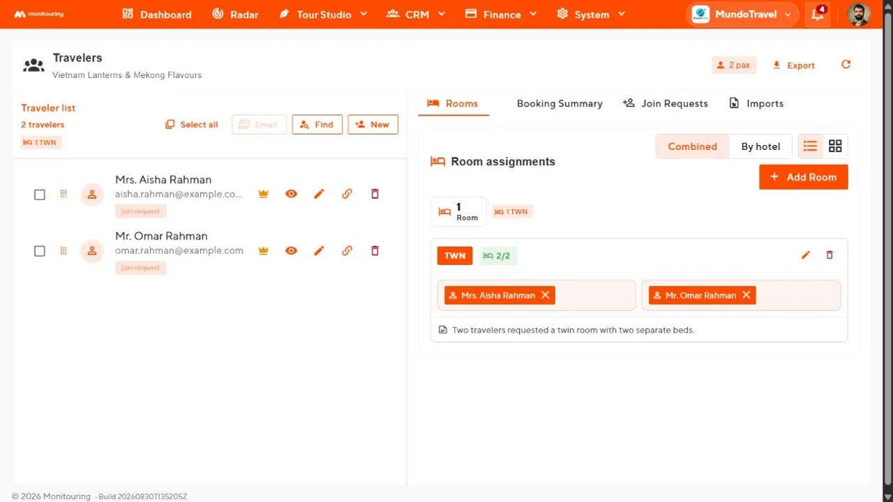 Rooming workspace with travelers and room assignments