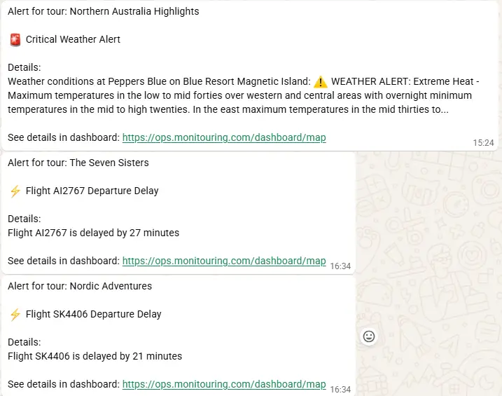 Monitouring weather and flight alert view with trip warning details