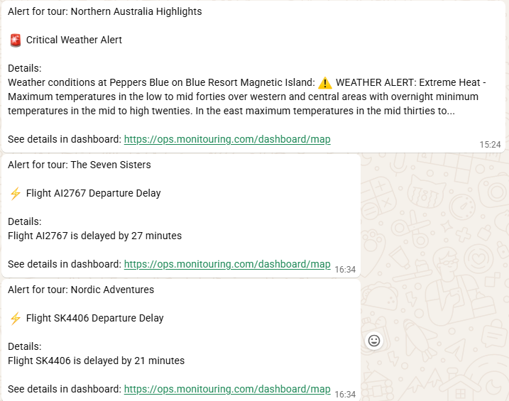 Monitouring weather and flight alert view with trip warning details