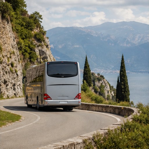 A tour coach traveling along a dramatic coastal road