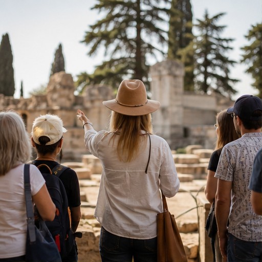 A tour guide briefing a small group at a historic site