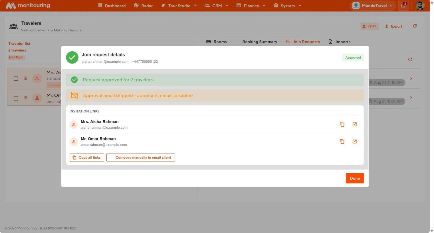 Approved join request showing two travelers and generated invitation links