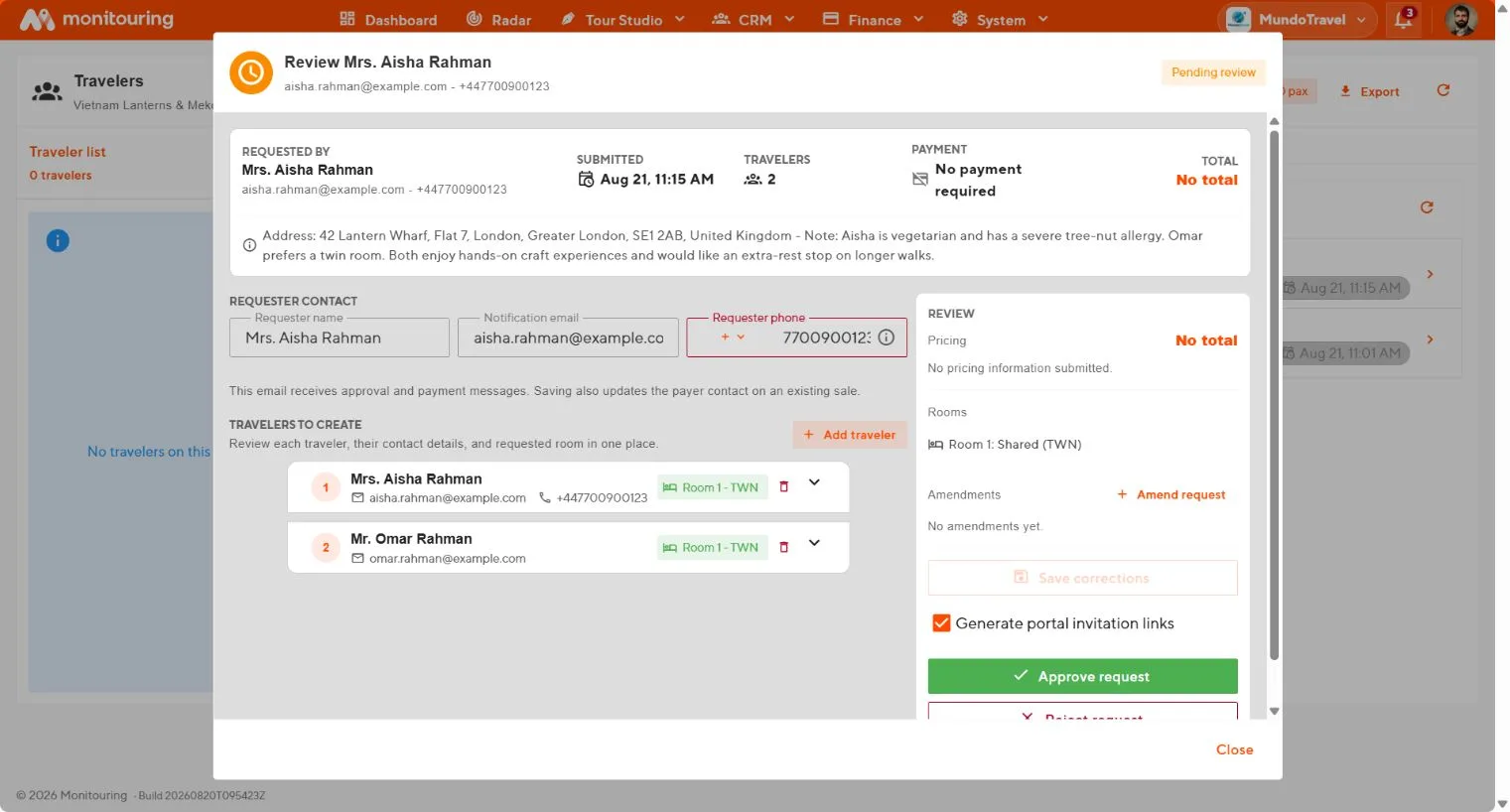 Join request review with requester contact, travelers, room choice, pricing, amendments, and approval controls