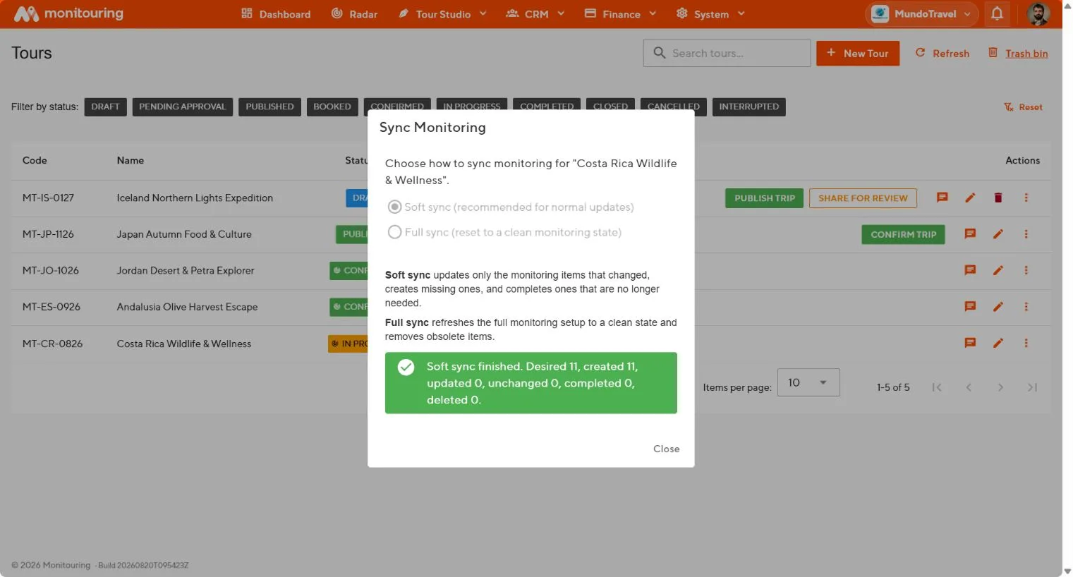 Sync Monitoring dialog with soft sync and full sync options and a summary