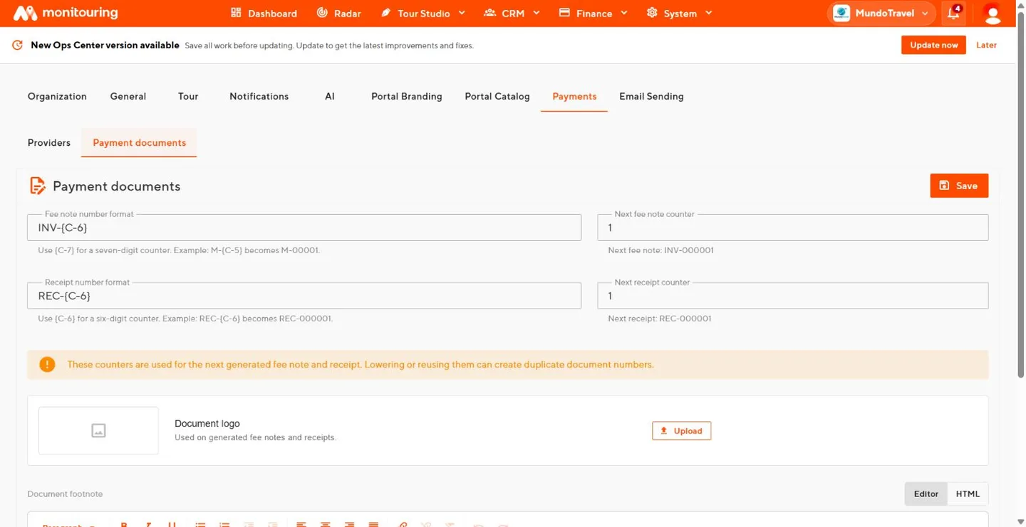 Payment documents settings with number formats, counters, logo, and footnote