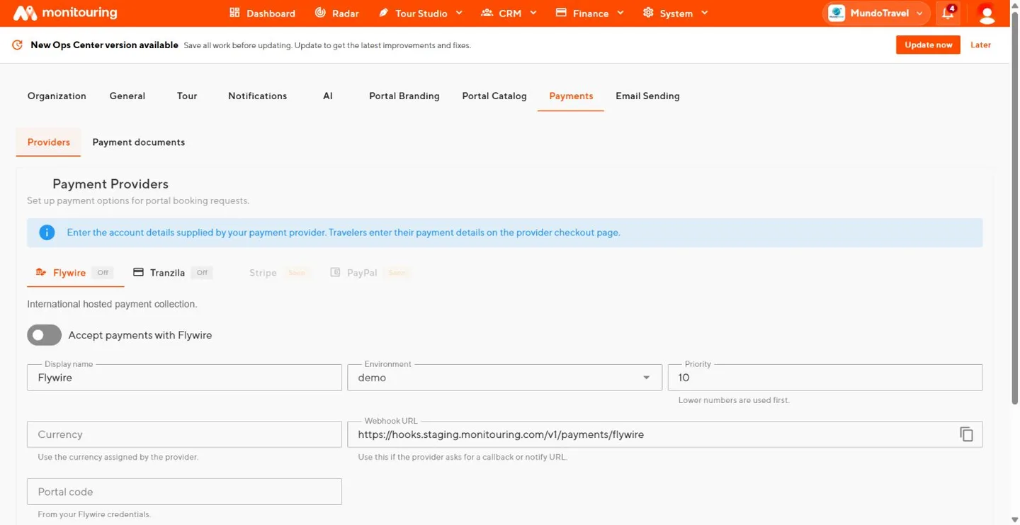 Payment Providers settings with enablement, environment, priority, currency, and webhook address
