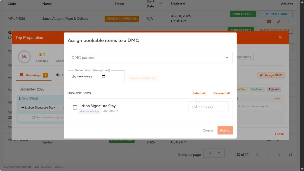 Assign bookable items to a DMC dialog with partner, due date, and item selection