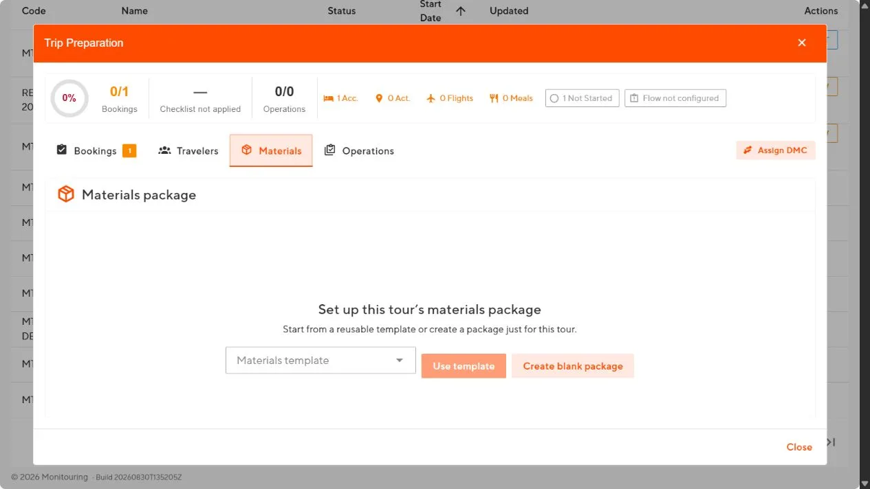 Materials tab offering a materials template or a blank package