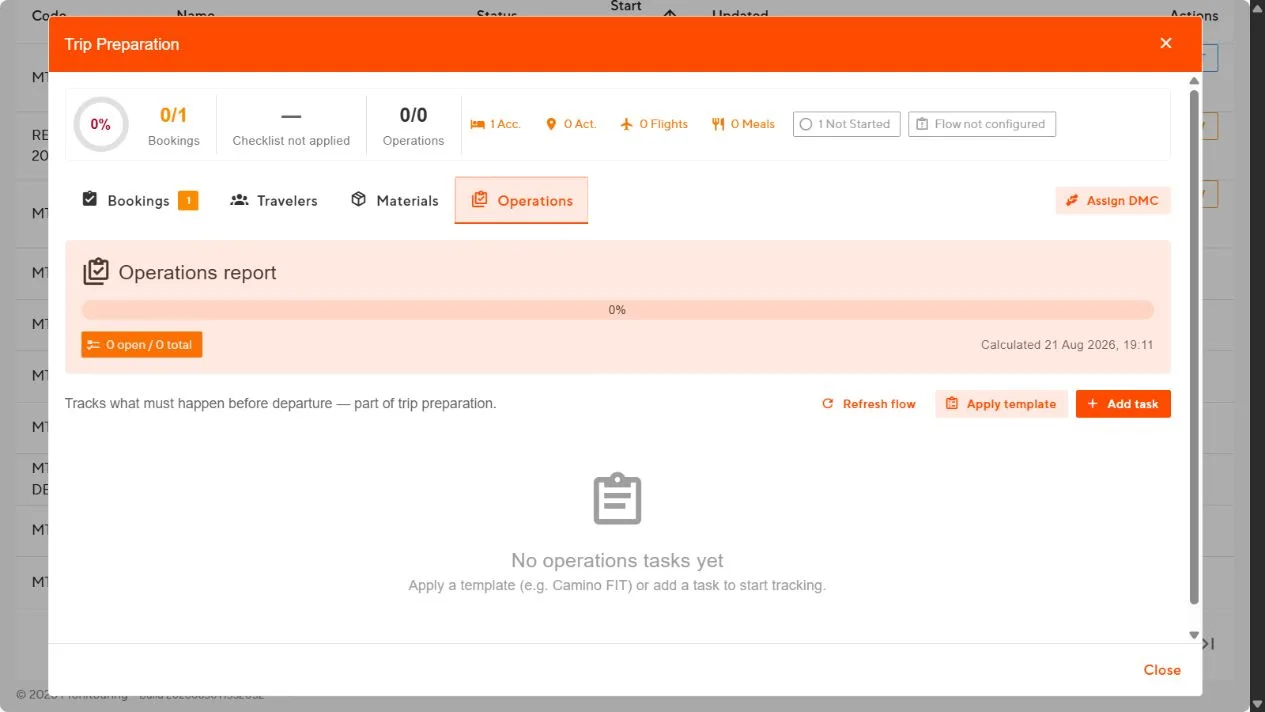 Operations tab with Refresh flow, Apply template, and Add task controls