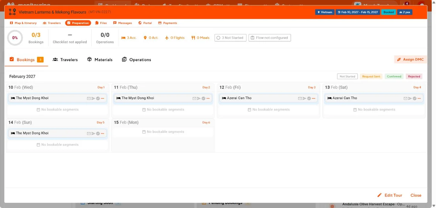 Preparation workspace with readiness totals, booking calendar, and tabs