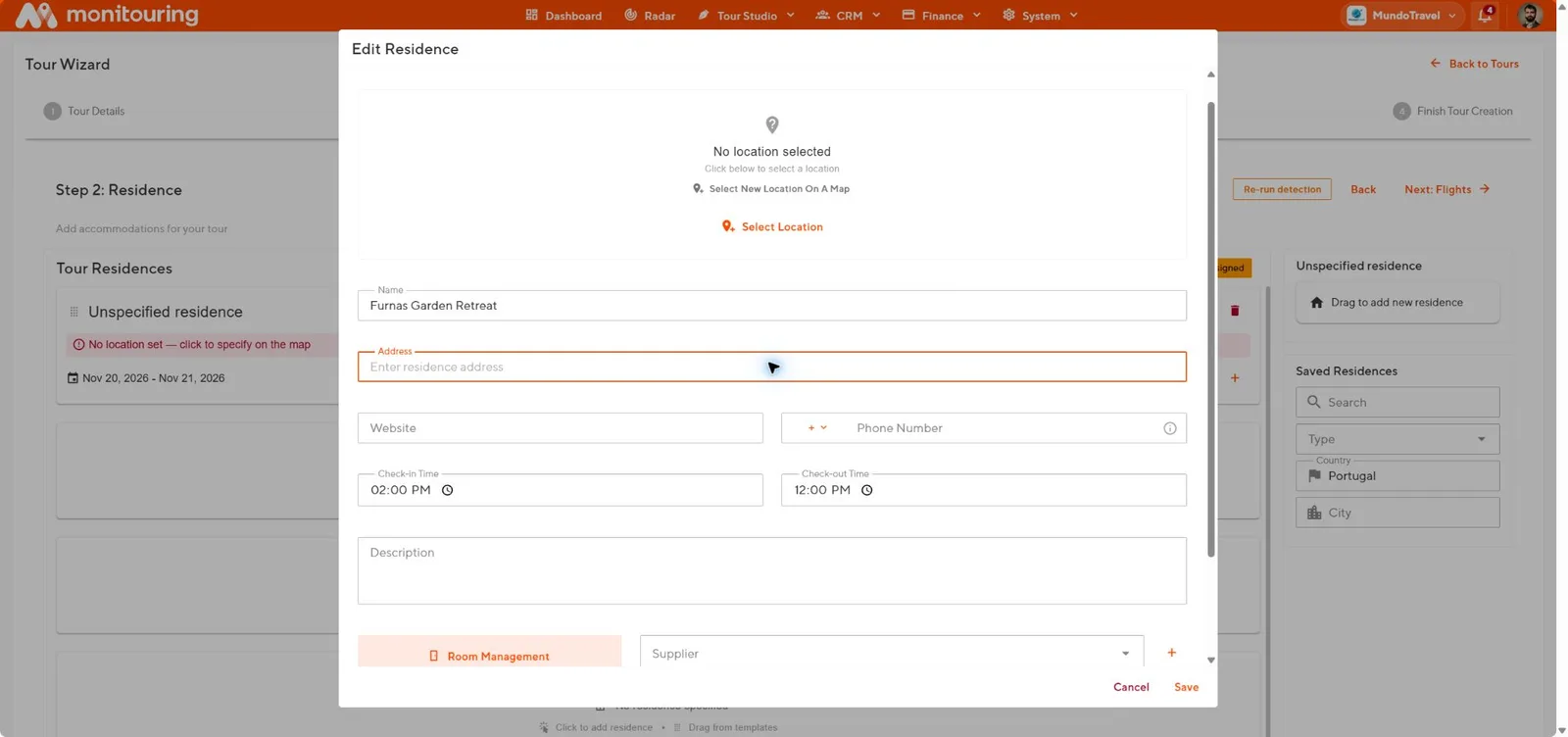 Edit Residence dialog with location, contact details, check-in and check-out times, room management, supplier, and photos