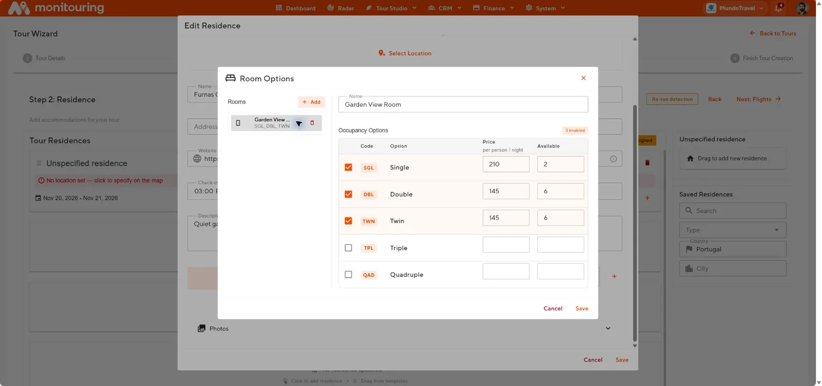 Room type options and occupancy configuration