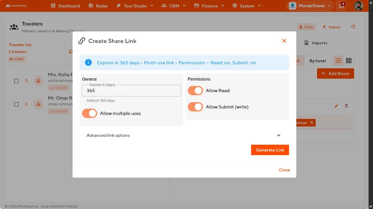 Create Share Link dialog with expiry, multiple-use, read, and submit options