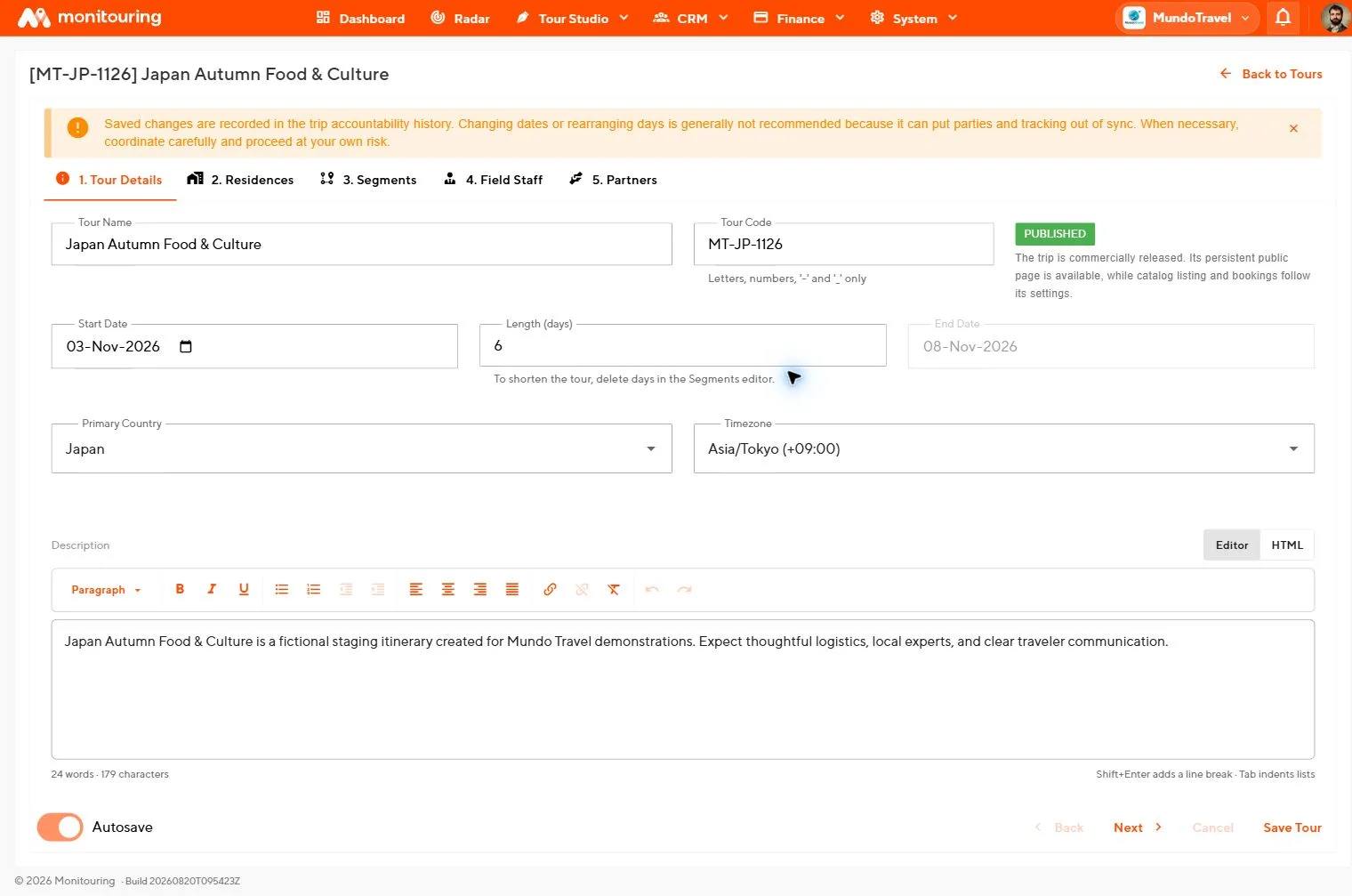 Tour Details editor with name, code, status, dates, country, time zone, description, and Save Tour